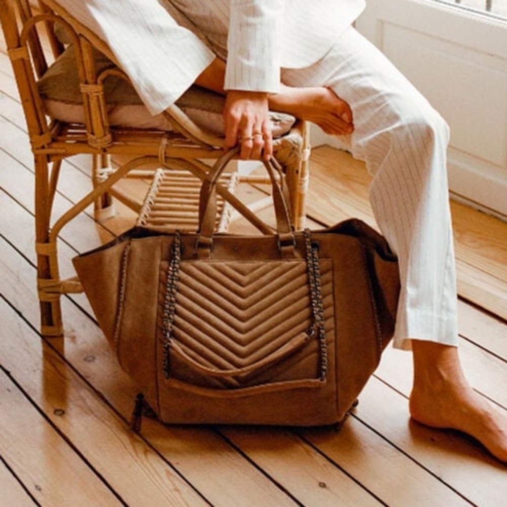 IKKS "1440" Tan Suede Tote w/ Herringbone Quilted Pattern